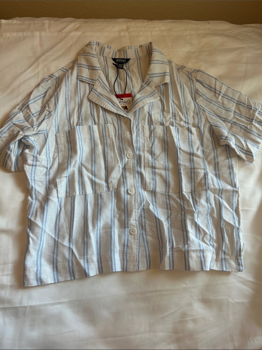 Buffalo David Bitton Women's White Button-Down Shirt with Light Blue Stripes